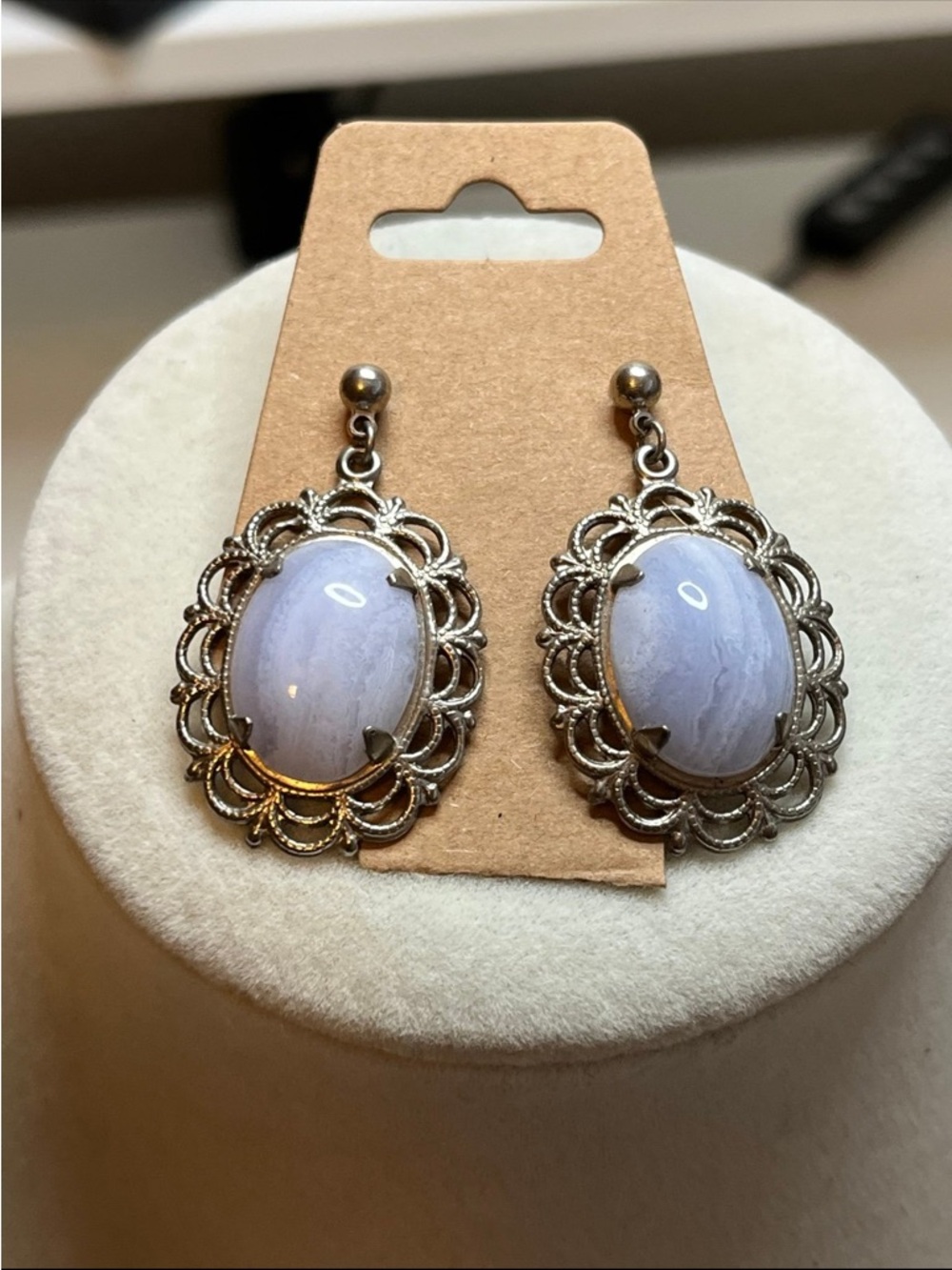 Vintage blue lace agate silver tone earrings